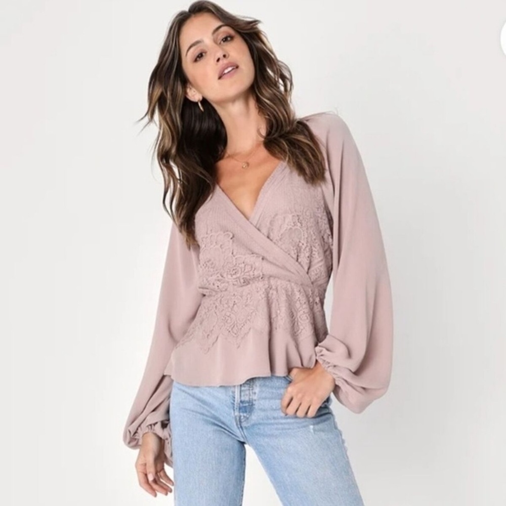 Lulu's Dusty Rose Lace-Detail Wrap Blouse